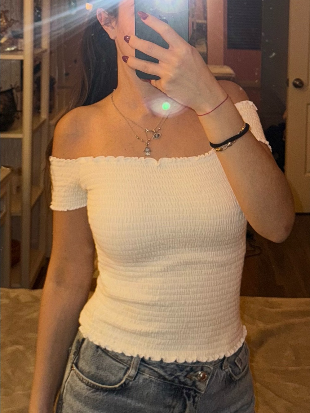 Hollister White Off-Shoulder Smocked Crop Top